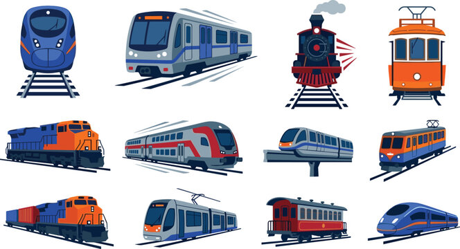 Train collection featuring high speed rail steam locomotive subway tram freight and passenger railway transportation vector illustration