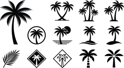 Tropical palm tree silhouette collection featuring coconut palms, island landscapes and beach nature icons isolated vector illustration © Prodip