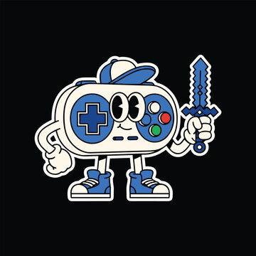 Retro Video Game Controller Cartoon Character with Pixel Sword Illustration in Vintage Rubber Hose Style