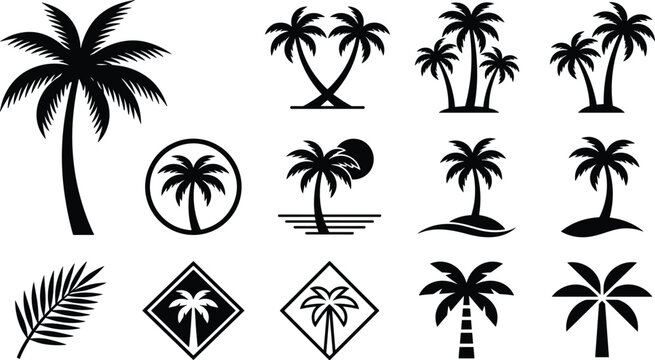 Tropical palm tree silhouette collection featuring coconut palms, island landscapes and beach nature icons isolated vector illustration