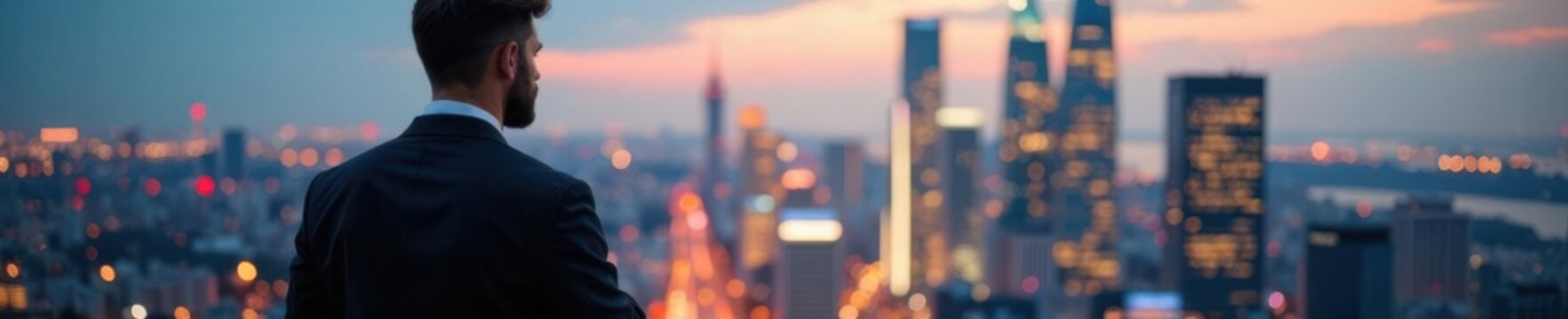 City businessman surveying cityscape, pensive expression, businessman, confident, suit
