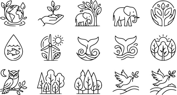 Eco-friendly Line Art Icons: Earth, Hand Planting, Elephant, Whale Tail, Wind Turbine, Owl, Trees, Dove