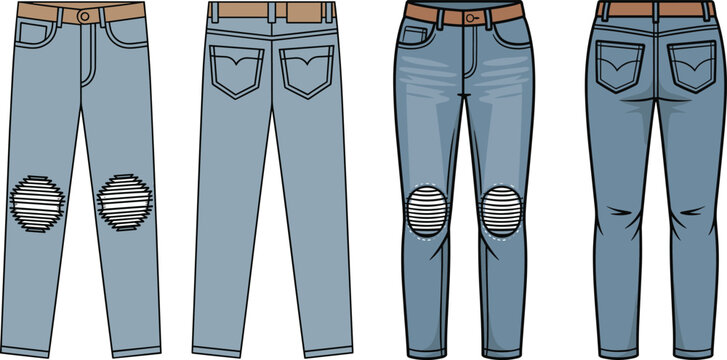 Men and women ripped denim jeans technical sketch template showing front and back views for fashion apparel design