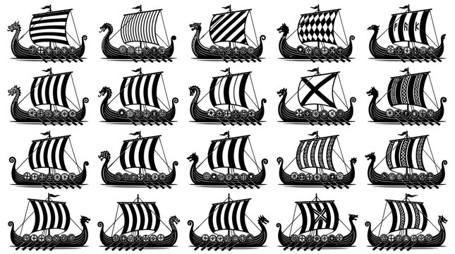 Ancient Norse longship icons set with varied sail and rigging designs.