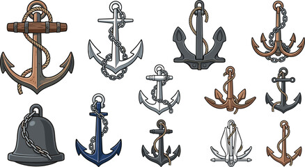 Vintage anchor collection featuring nautical ship anchors with chains ropes maritime symbols and marine emblems isolated vector illustration © Prodip