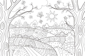 Obraz premium Coloring page of a sunny landscape with trees, butterflies, and a bird