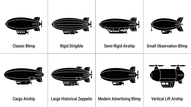 Collection of labeled black blimp and airship silhouettes for aviation concepts.