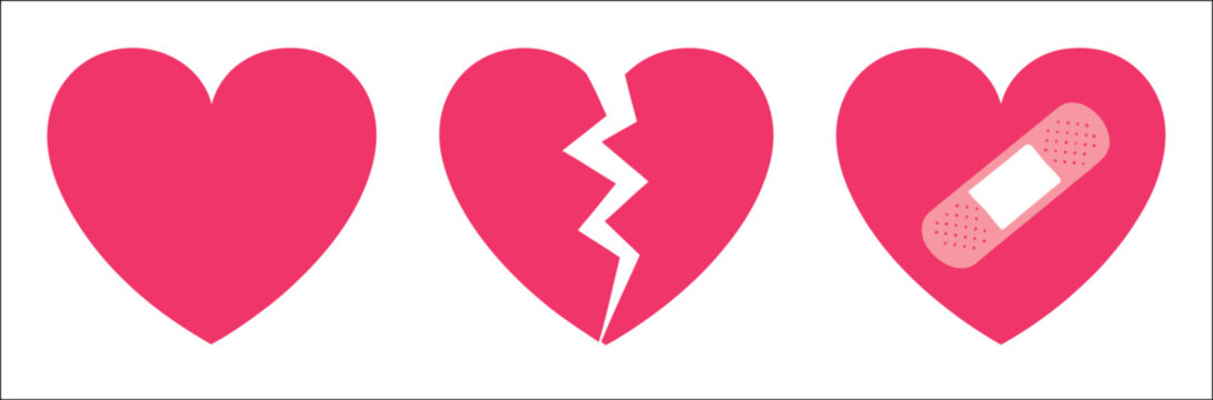 Broken heart cartoon set, cute cracked heart characters with sad, crying and emotional expressions, love breakup, heartbreak and relationship concept, colorful vector illustration and design isolated 