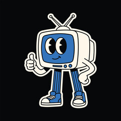 Naklejka premium Retro Cartoon TV Mascot Giving a Thumbs Up Illustration in Vintage Rubber Hose Style