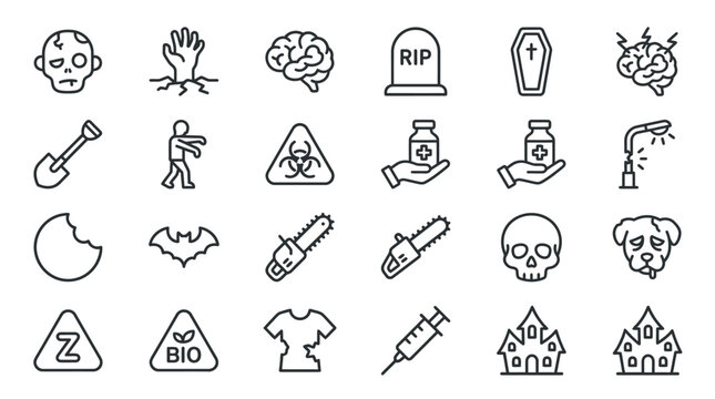 Halloween Black line art zombie apocalypse icons set