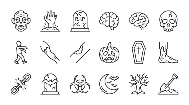 Halloween Zombie apocalypse icons set with line art style