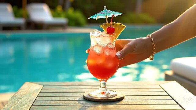 Refreshing cocktail by a swimming pool on a sunny day 