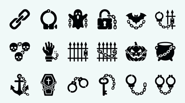 Halloween Black icons of chains, skulls, handcuffs and zombies
