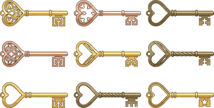 Vintage skeleton key collection featuring ornate antique heart shaped decorative metal keys isolated classic locksmith vector illustration