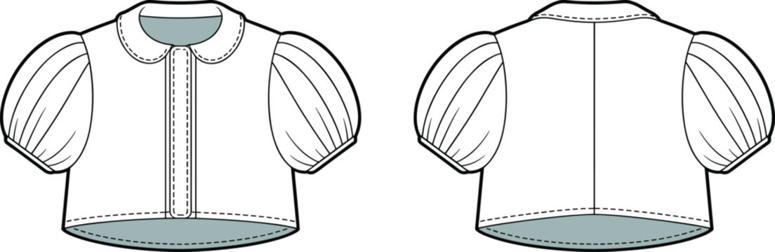 Technical fashion flat sketch vector illustration of cropped bolero jacket template with peter pan collar and puff sleeves
