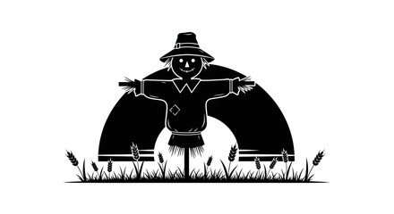 Scarecrow stands in a field of wheat under a rising sun to protect crops from hungry birds in the agricultural landscape. © berkah
