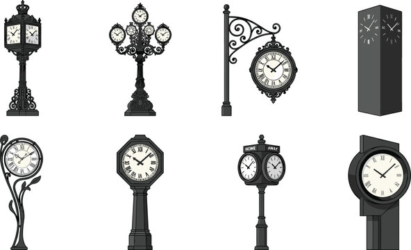 Vintage street clock collection featuring antique outdoor timepieces with ornamental lamp post designs isolated vector illustration