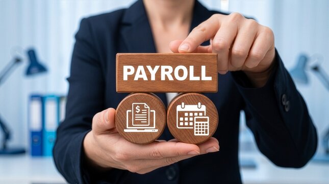 Concept of payroll. Business person holding wooden blocks with icons sees the text PAYROLL. Salary payroll system management. New concept