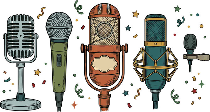 Vintage microphone collection and retro audio equipment vector illustration featuring studio condenser vocal mic stand lapel clip and confetti elements.