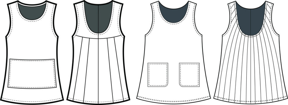 Technical fashion flat sketch vector illustration of sleeveless apron dress template with front and back panel views