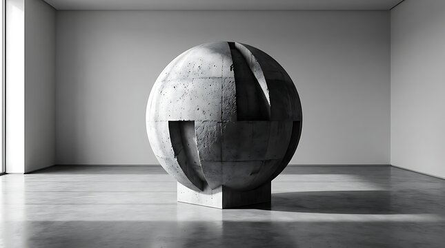 Brutalist concrete sphere sculpture in empty gallery room.