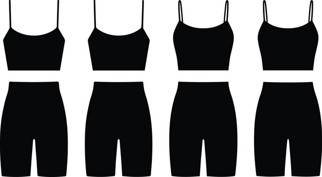 Technical fashion sketch of women activewear silhouette set featuring spaghetti strap cami crop top and biker shorts