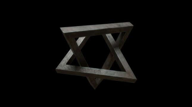 Impossible triangle constructed from metallic material creating an optical illusion against a solid dark backdrop for design projects