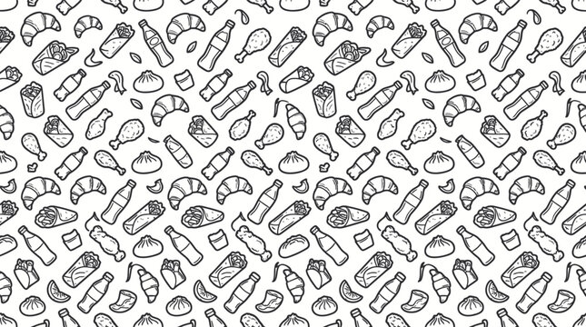 Seamless pattern of hand-drawn fast food line art icons.