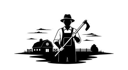 Farmer stands holding a garden hoe in front of a rustic barn structure on a rural farm property. © berkah