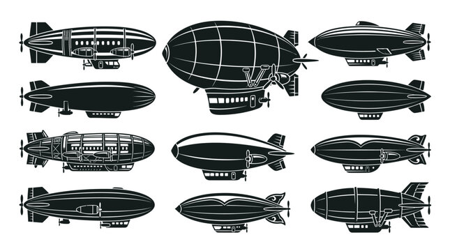 Vintage blimp and airship silhouette icon collection.