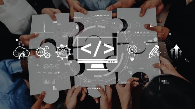 A diverse group of professionals collaborates on software development, surrounded by digital elements that highlight innovation and effective teamwork in technology projects. Raster