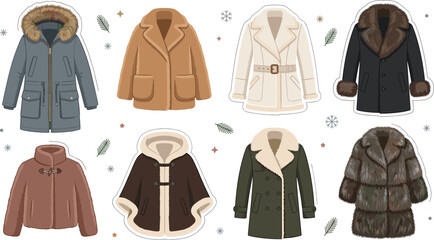 Winter coat collection featuring fur lined parkas shearling jackets wool overcoats and stylish cold weather outerwear vector illustration © Prodip