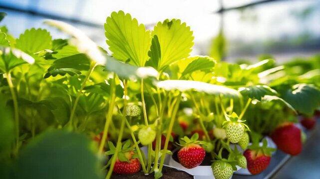 Strawberries plants. Red strawberries on the branches. Eco farm. Organic strawberry plant flourishing in a controlled environment greenhouse. Fresh organic red berry antioxidant fruit.