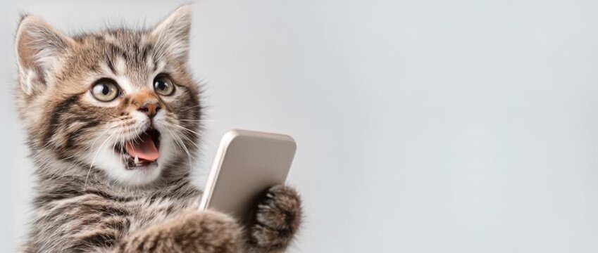 Smartphone shocked meme Cat Video with Smartphone and Right Copy Space