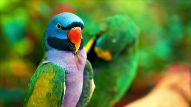 Beautiful malabar parakeets sitting together on branch in wild forest.