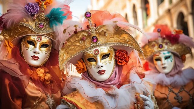 Portrait of persons disguised in a beautiful old fashioned style costume with copy space. Venetian carnival costumes and masks. Colorful carnival masks at a traditional festival in Venice, Italy.