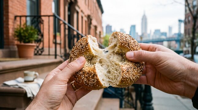 Hands pulling apart a fresh sesame bagel on a New York brownstone step