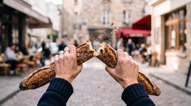 Hands snapping fresh French baguette bread in half on Paris street