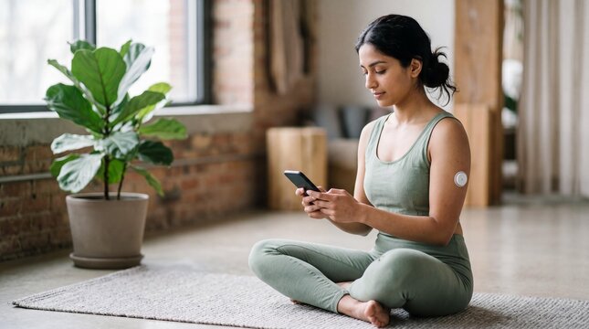 Young Indian woman checking her CGM glucose monitor on phone during yoga