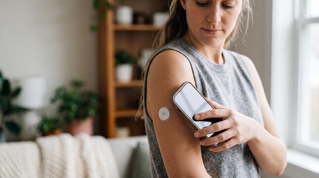 Woman scanning a continuous glucose monitor on her arm with a smartphone