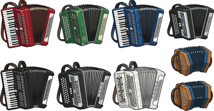 Accordion collection featuring piano accordions button accordions and concertina instruments in colorful vintage styles isolated vector illustration