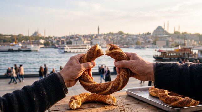Two hands breaking a fresh Turkish simit sesame bread over Istanbul Bosphorus