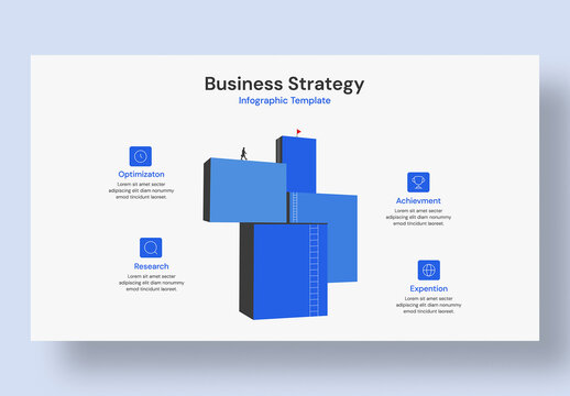 Business Strategy Infographic Template with 3D Blocks and Businessman Climbing to Success Flag