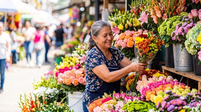 Smiling Senior Latina Florist Arranging Fresh Bouquets at an Outdoor Market