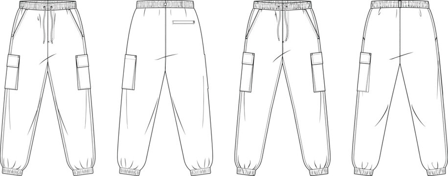 Unisex cargo sweatpants vector flat sketch template set featuring front and back views of drawstring elastic waistband joggers