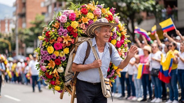 Silletero Carrying a Large Flower Arrangement at Feria de las Flores in Medellin