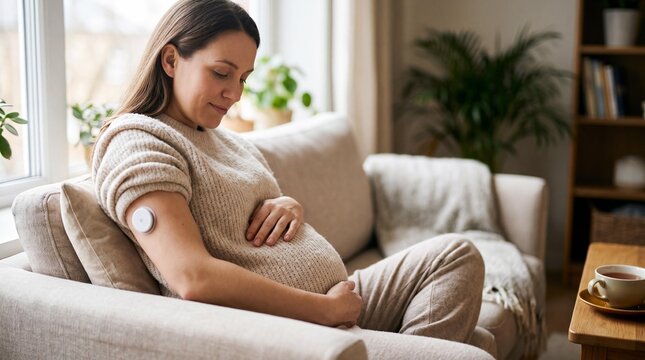 Pregnant woman using continuous glucose monitor on arm sitting on sofa