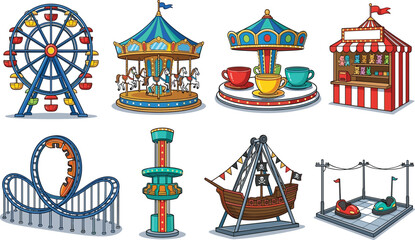 Amusement park ride collection featuring Ferris wheel carousel roller coaster pirate ship carnival attractions and funfair vector illustration © Prodip