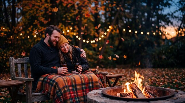 Happy couple sitting by cozy backyard fire pit under warm blanket in autumn