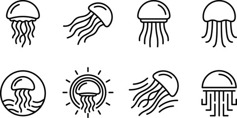 Marine Jellyfish Icon Set with Swimming Tentacle and Ocean Wave Symbols for Aquatic Wildlife Website Designs] © Taijul